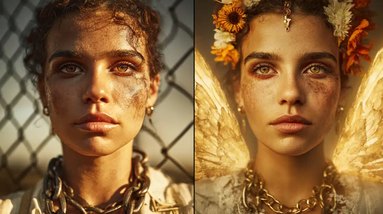 Two-panel_diptych_portrait._Left_image_woman_in_prison