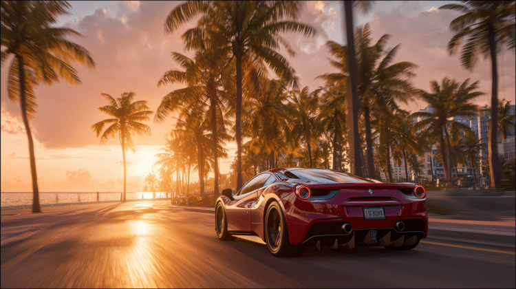 A_red_Ferrari_driving_along_Miami_beach_at_sunset_palm22