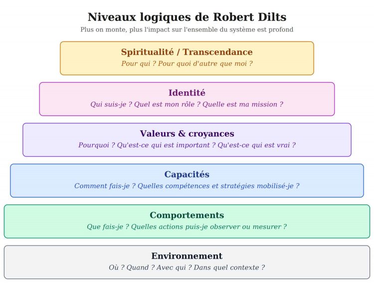 Schéma des niveaux logiques de Robert Dilts avec les questions associées à chaque niveau