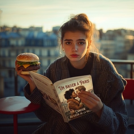 femme avec un burger qui lit une romance