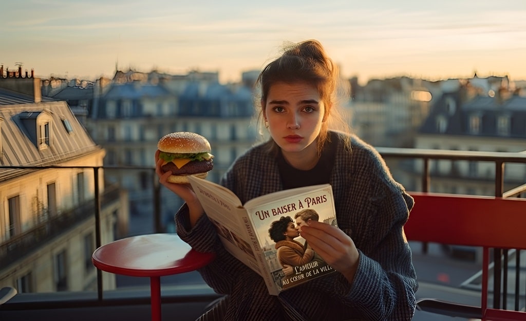lire un livre romantique et manger un burger