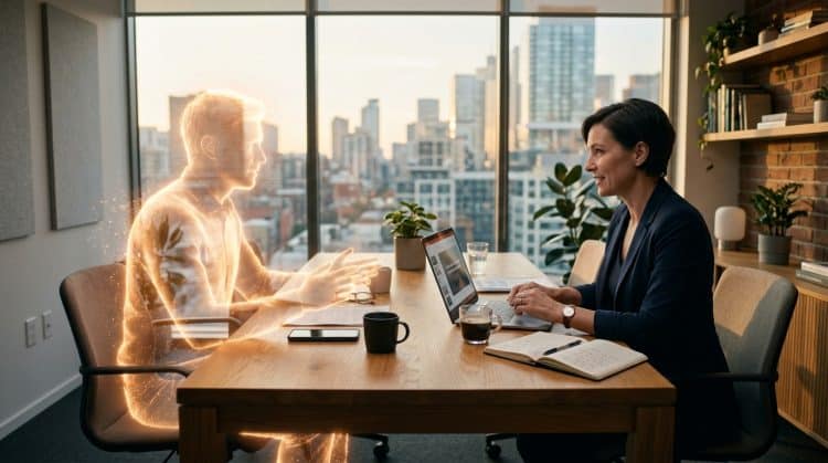 Une professionnelle travaille sur son ordinateur face à une silhouette lumineuse assise à ses côtés, symbole de l'IA générative comme coéquipier