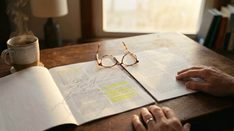 Deux versions annotées d'un même document de recherche comparées côte à côte sur un bureau, avec des lunettes et une tasse